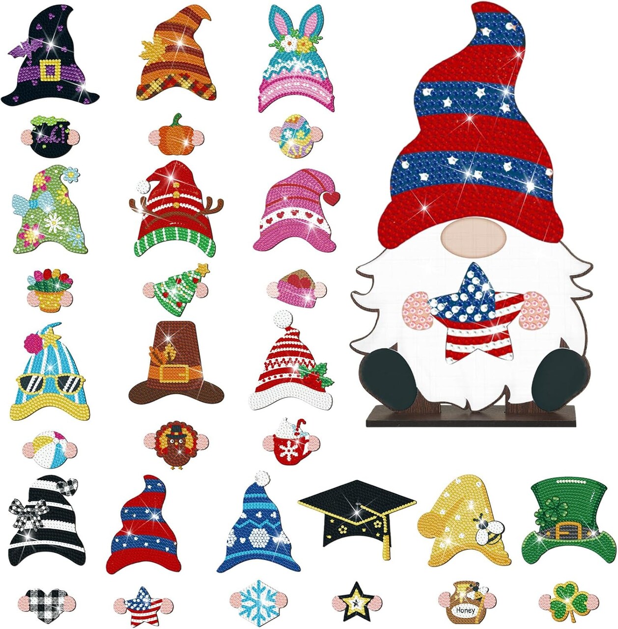 32 Pcs Magnetic Diamond Painting Interchangeable Standing Posture Gnome Decor DIY Seasonal Gnome Sign Holiday Tiered Tray Decoration with Magnet Pieces for Home Office Desk (Classic)